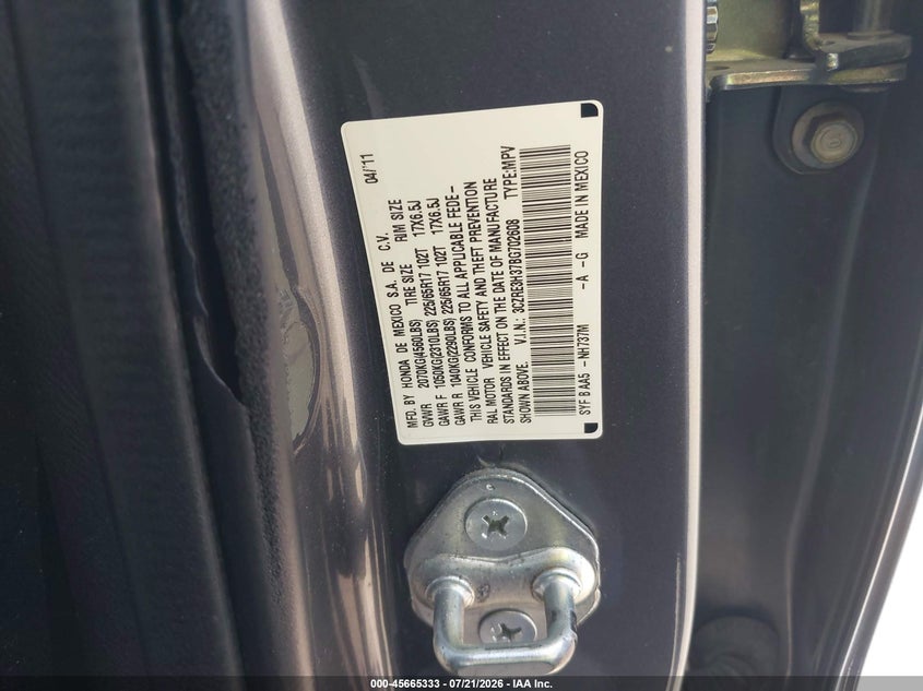 2011 Honda Cr-V Lx VIN: 3CZRE3H37BG702608 Lot: 45665333