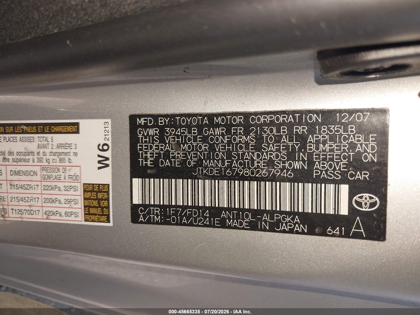2008 Scion Tc VIN: JTKDE167980267946 Lot: 45665335