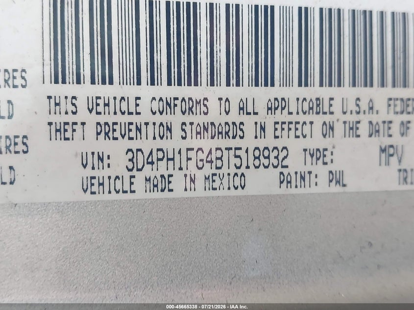 2011 Dodge Journey Mainstreet VIN: 3D4PH1FG4BT518932 Lot: 45665338