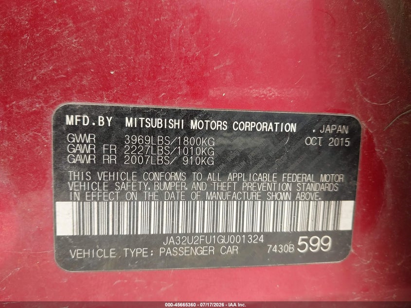 2016 Mitsubishi Lancer Es VIN: JA32U2FU1GU001324 Lot: 45665360