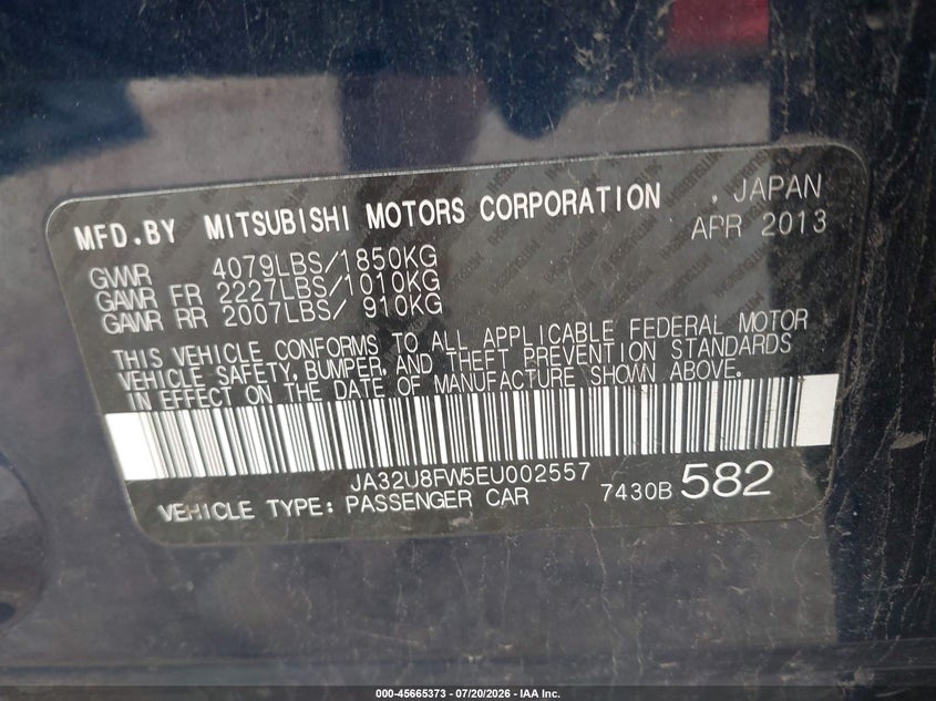 2014 Mitsubishi Lancer Gt VIN: JA32U8FW5EU002557 Lot: 45665373