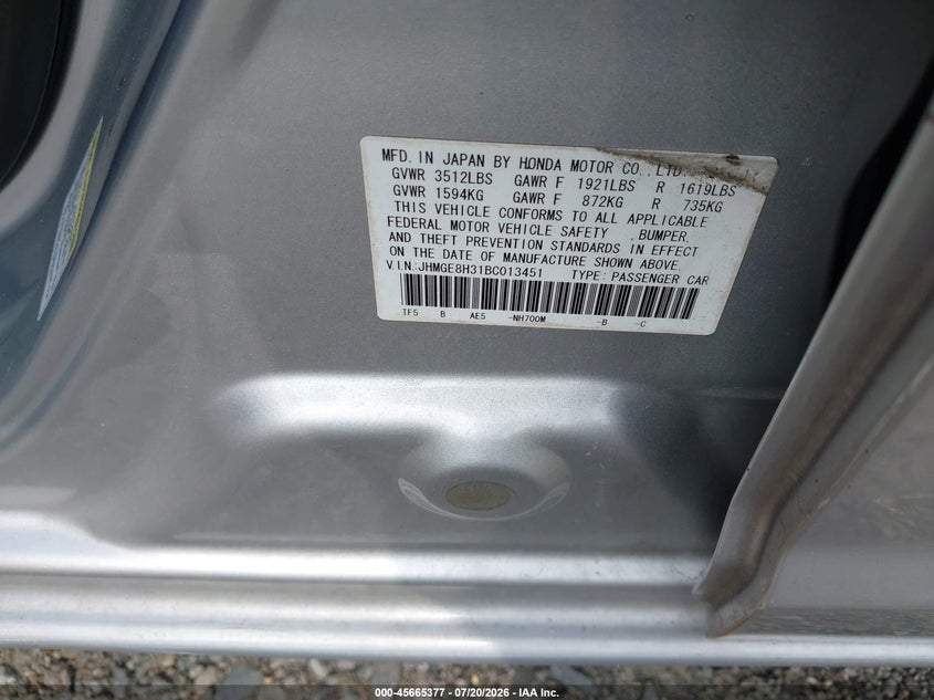 2011 Honda Fit VIN: JHMGE8H31BC013451 Lot: 45665377