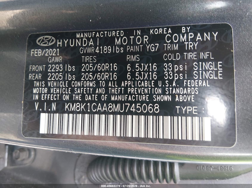 2021 Hyundai Kona Se VIN: KM8K1CAA8MU745068 Lot: 45665378