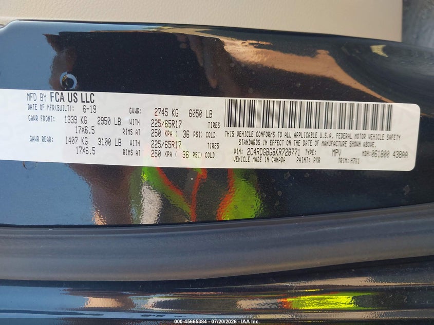 2019 Dodge Grand Caravan Se VIN: 2C4RDGBG8KR728771 Lot: 45665384