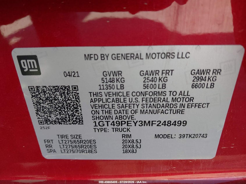 2021 GMC Sierra 2500Hd 4Wd Standard Bed At4 VIN: 1GT49PEY3MF248499 Lot: 45665405