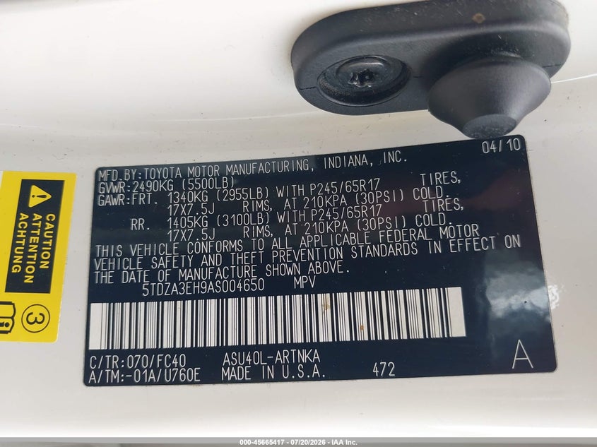 2010 Toyota Highlander VIN: 5TDZA3EH9AS004650 Lot: 45665417