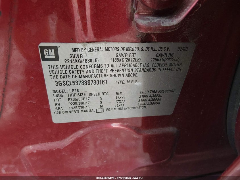2008 Saturn Vue V6 Xr VIN: 3GSCL53788S730161 Lot: 45665426