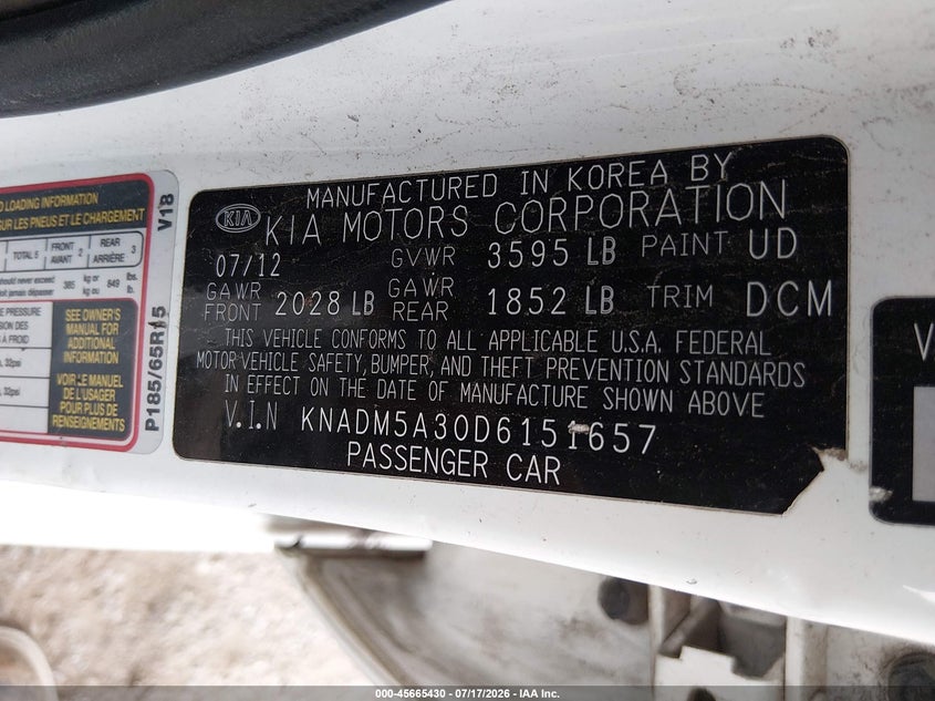 2013 Kia Rio Lx VIN: KNADM5A30D6151657 Lot: 45665430