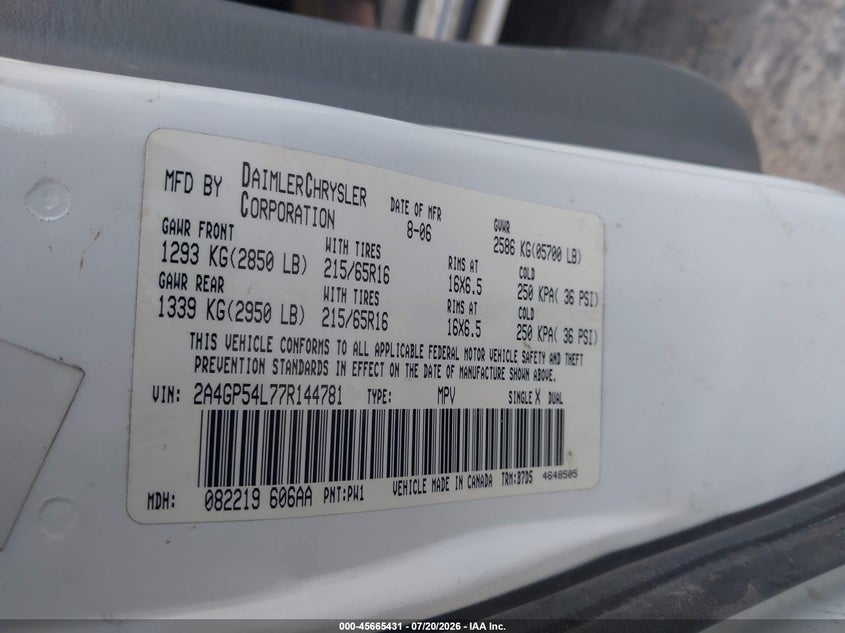 2007 Chrysler Town & Country Touring VIN: 2A4GP54L77R144781 Lot: 45665431