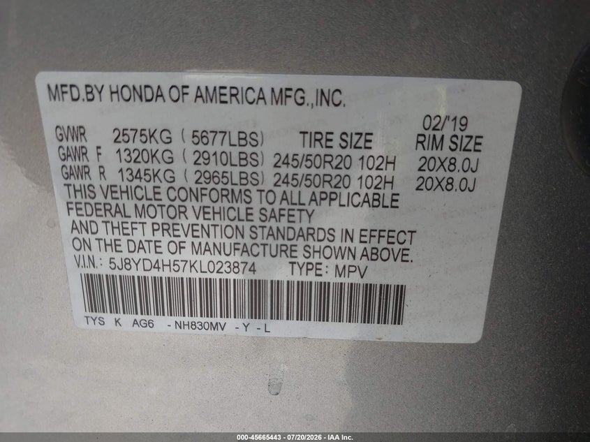 2019 Acura Mdx Tech Pkg VIN: 5J8YD4H57KL023874 Lot: 45665443