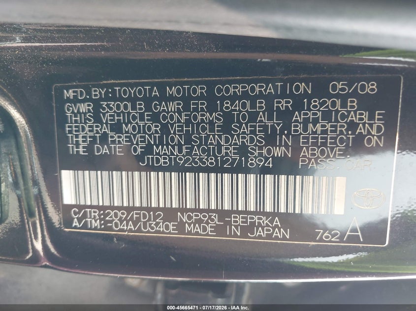 2008 Toyota Yaris VIN: JTDBT923381271894 Lot: 45665471