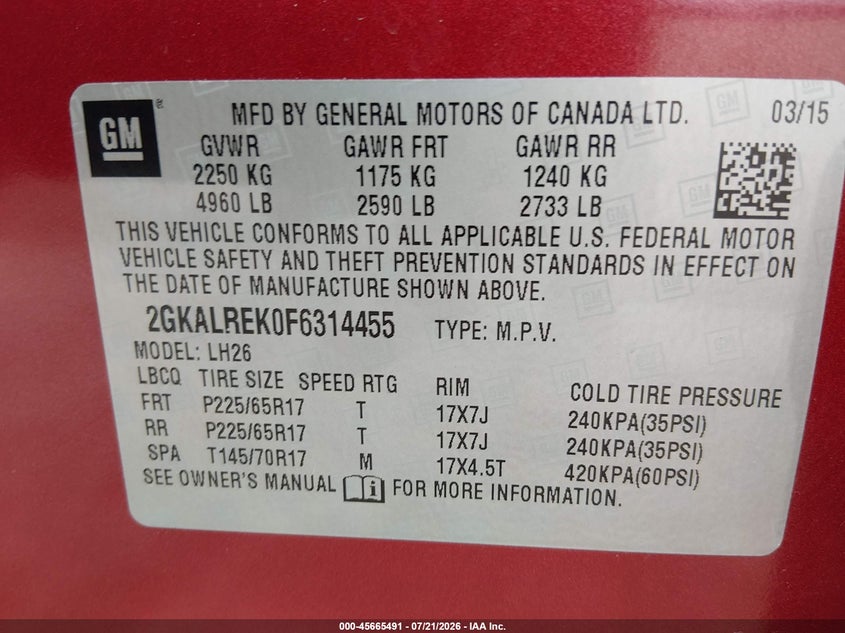 2015 GMC Terrain Sle-2 VIN: 2GKALREK0F6314455 Lot: 45665491