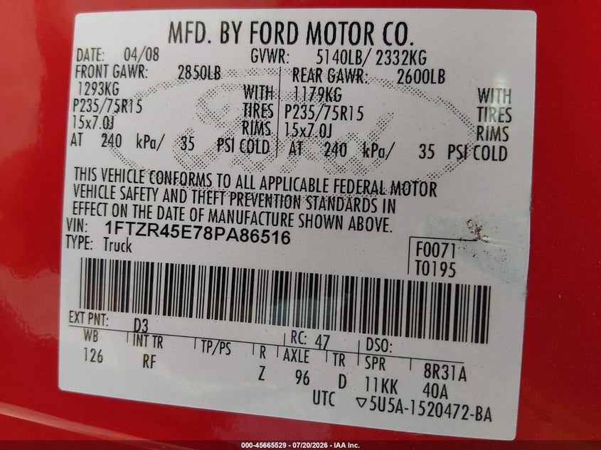 2008 Ford Ranger Fx4 Off-Rd/Sport/Xlt VIN: 1FTZR45E78PA86516 Lot: 45665529
