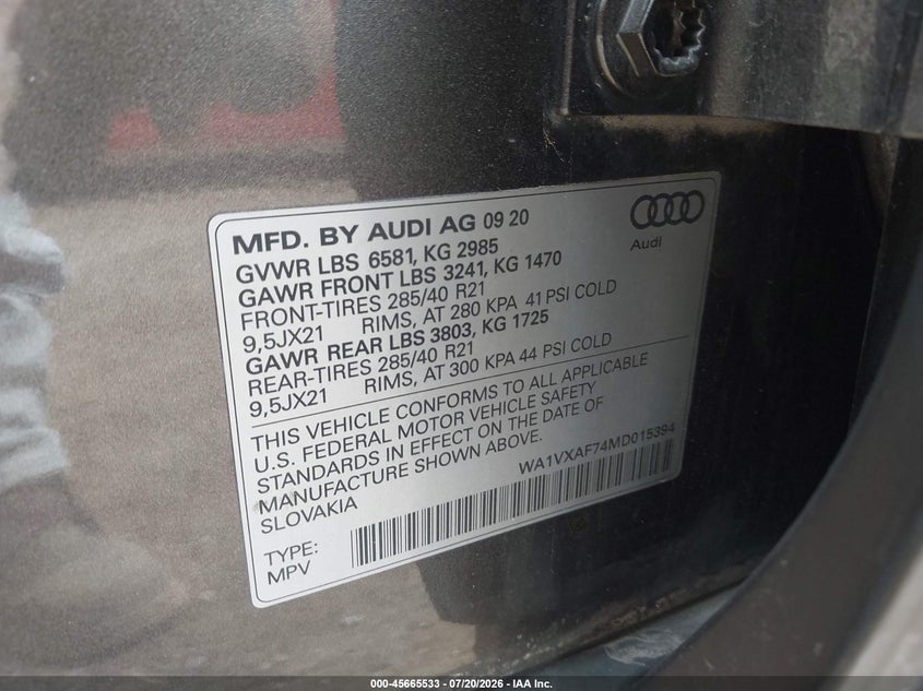 2021 Audi Q7 Prestige 55 Tfsi Quattro Tiptronic VIN: WA1VXAF74MD015394 Lot: 45665533
