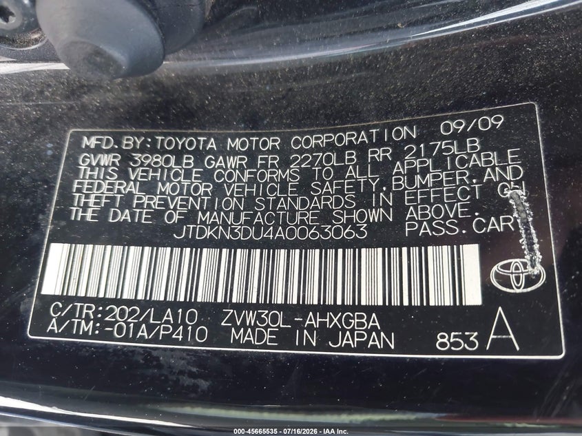 2010 Toyota Prius Iv VIN: JTDKN3DU4A0063063 Lot: 45665535