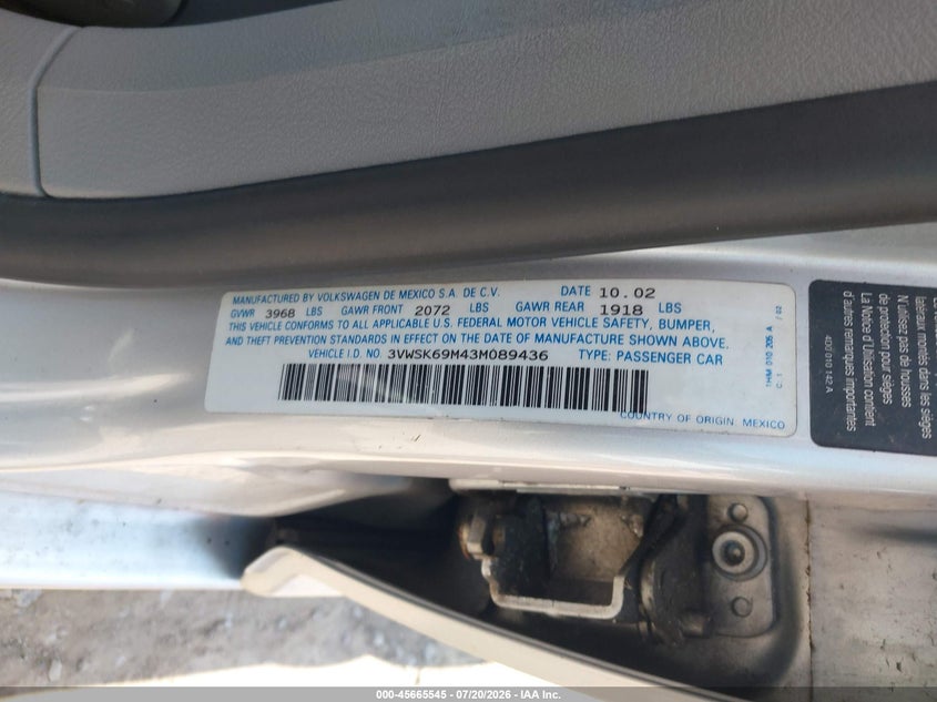 2003 Volkswagen Jetta Gls 2.0L VIN: 3VWSK69M43M089436 Lot: 45665545