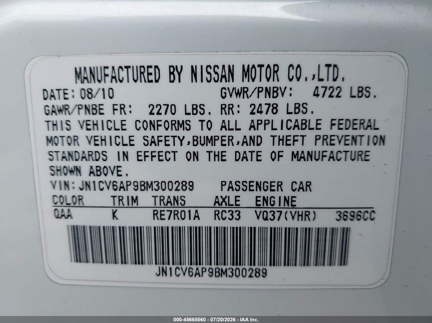 2011 Infiniti G37 Journey VIN: JN1CV6AP9BM300289 Lot: 45665560