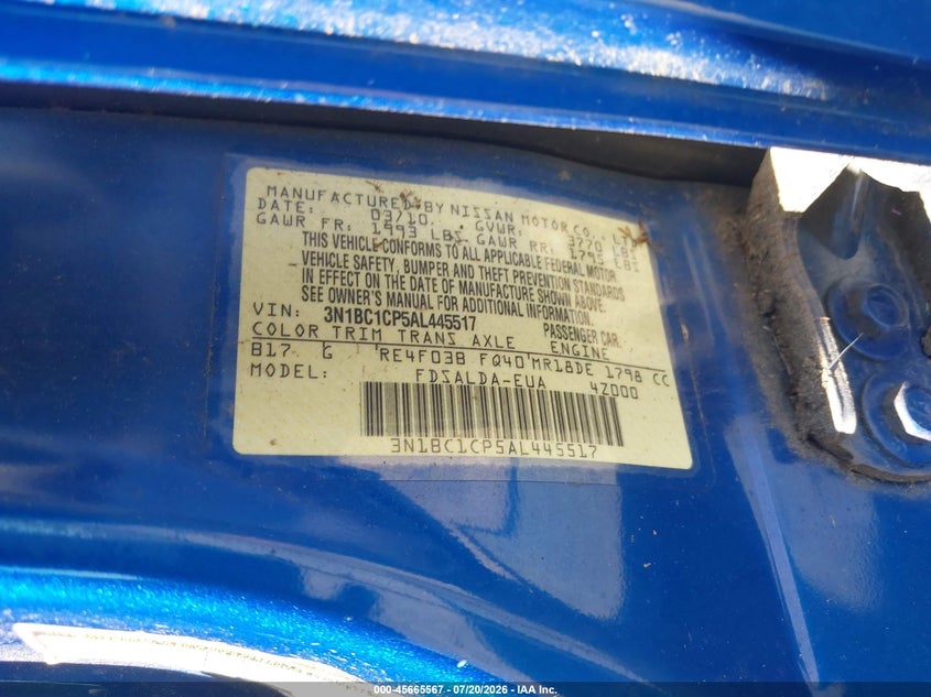 2010 Nissan Versa 1.8S VIN: 3N1BC1CP5AL445517 Lot: 45665567