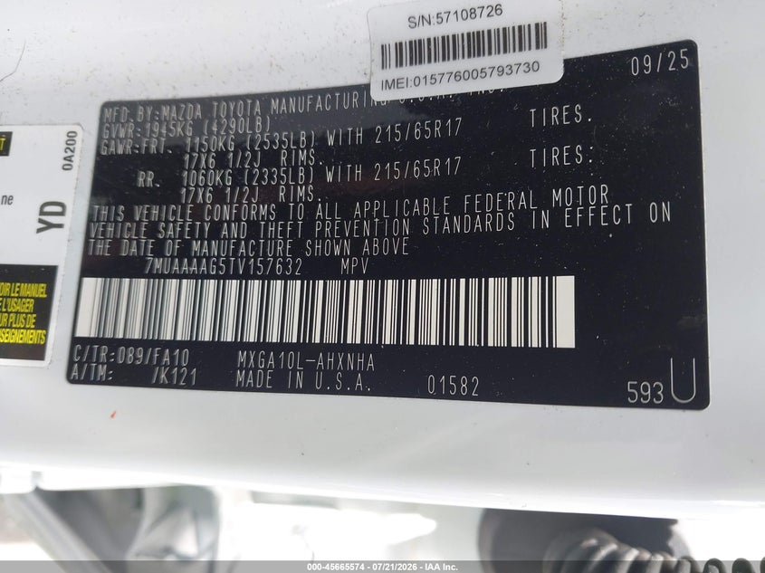 2026 Toyota Corolla Cross L VIN: 7MUAAAAG5TV157632 Lot: 45665574