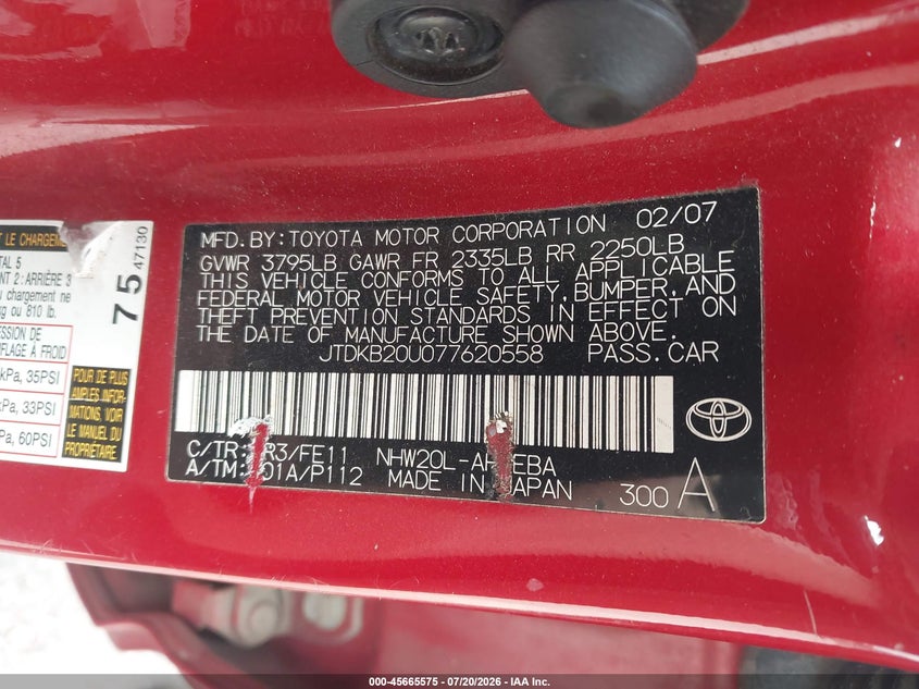 2007 Toyota Prius VIN: JTDKB20U077620558 Lot: 45665575