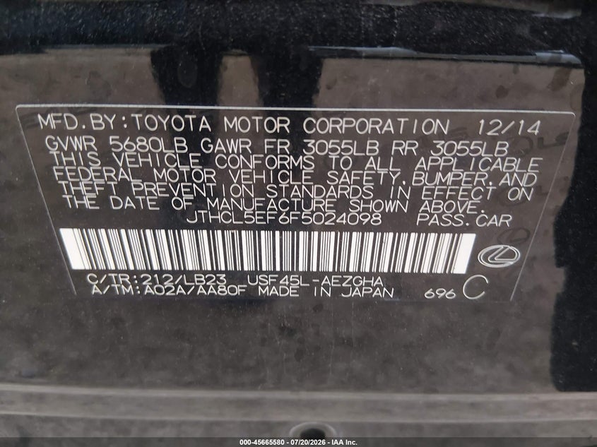 2015 Lexus Ls 460 VIN: JTHCL5EF6F5024098 Lot: 45665580