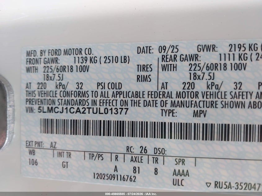 LINCOLN CORSAIR 2026 VIN 5LMCJ1CA2TUL01377