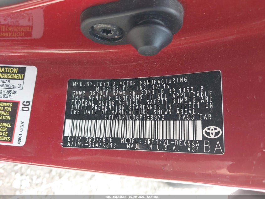 2016 Toyota Corolla Le VIN: 5YFBURHE0GP438972 Lot: 45665588