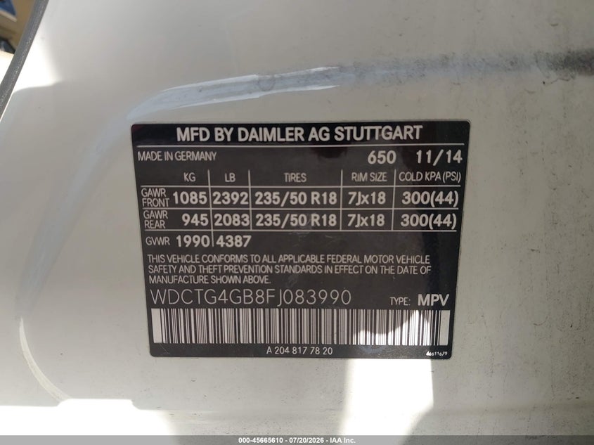 2015 Mercedes-Benz Gla 250 4Matic VIN: WDCTG4GB8FJ083990 Lot: 45665610