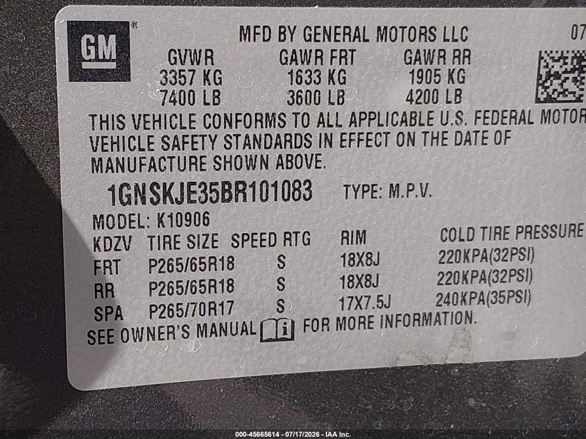 2011 Chevrolet Suburban Lt VIN: 1GNSKJE35BR101083 Lot: 45665614