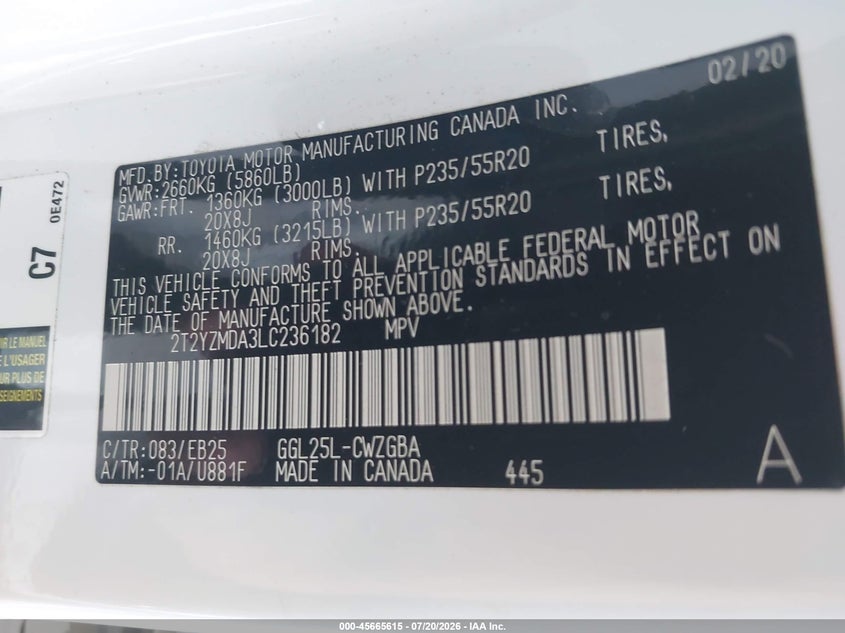 2020 Lexus Rx VIN: 2T2YVMDA3LC236182 Lot: 45665615