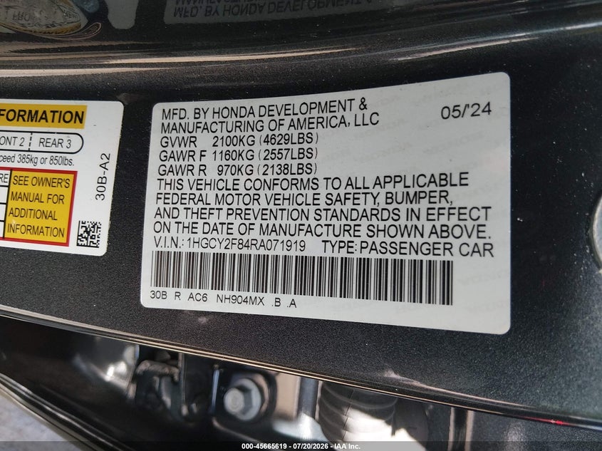 2024 Honda Accord Hybrid Touring VIN: 1HGCY2F84RA071919 Lot: 45665619