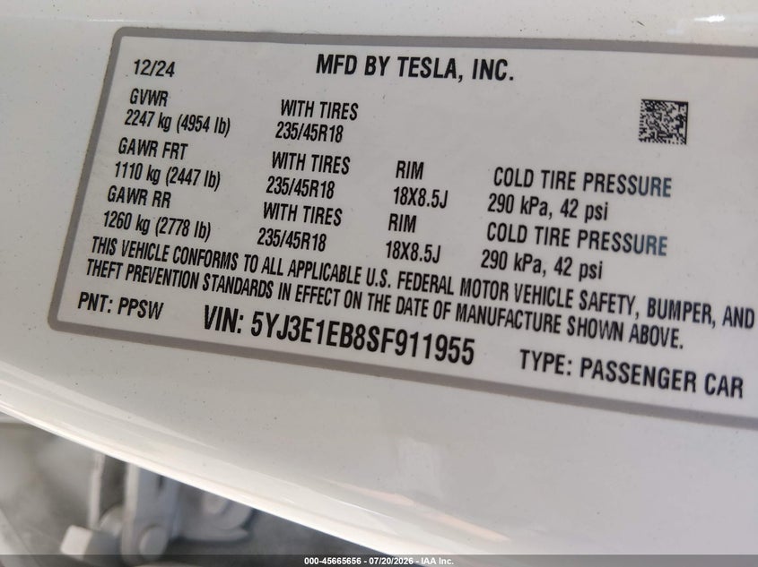 2025 Tesla Model 3 Long Range All-Wheel Drive VIN: 5YJ3E1EB8SF911955 Lot: 45665656
