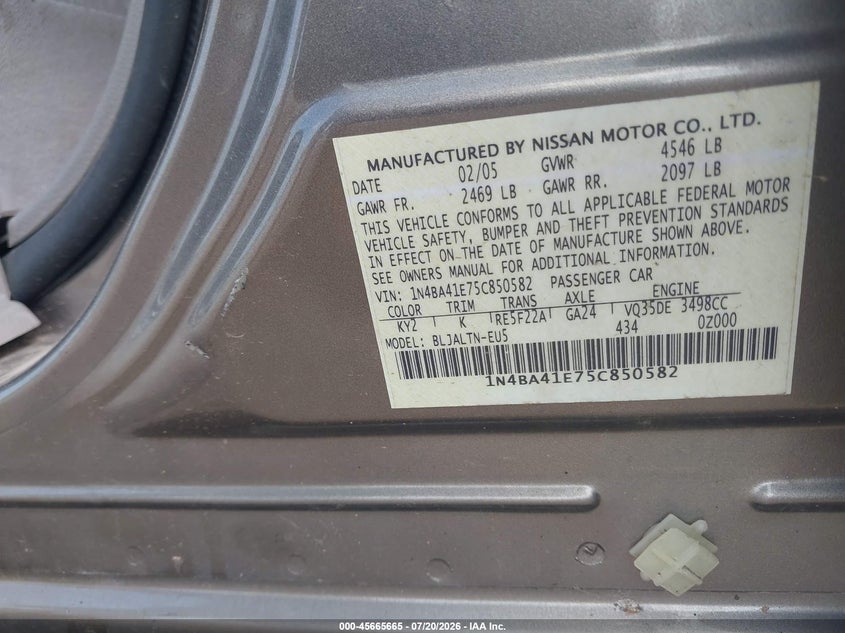 2005 Nissan Maxima 3.5 Se VIN: 1N4BA41E75C850582 Lot: 45665665