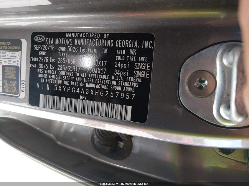 2017 Kia Sorento 2.4L Lx VIN: 5XYPG4A3XHG257957 Lot: 45665671