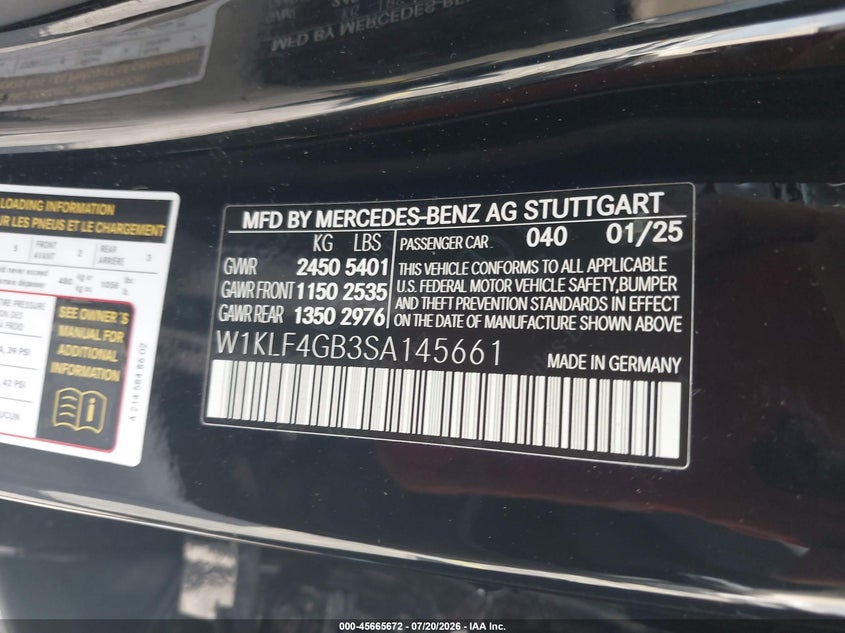 2025 Mercedes-Benz E 350 VIN: W1KLF4GB3SA145661 Lot: 45665672