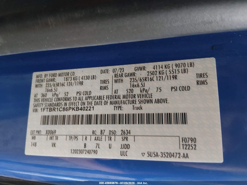 Vin: 1ftbr1c86pkb40221, lot: 46164248, ford transit-250 20234