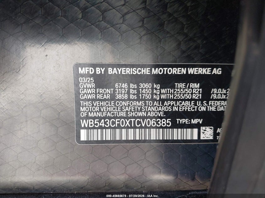 2026 BMW Ix xDrive45 VIN: WB543CF0XTCV06385 Lot: 45665678