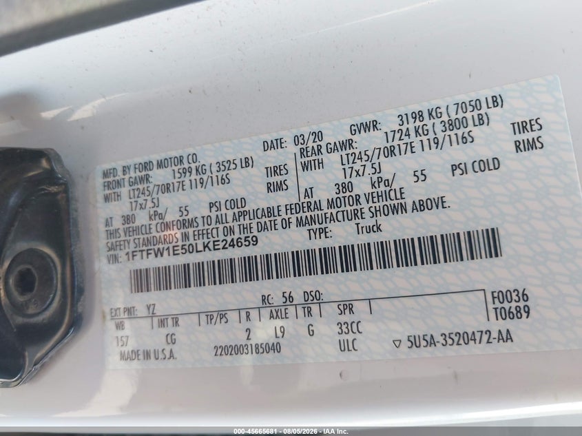 Vin: 1ftfw1e50lke24659, lot: 46164254, ford f-150 xl 20203