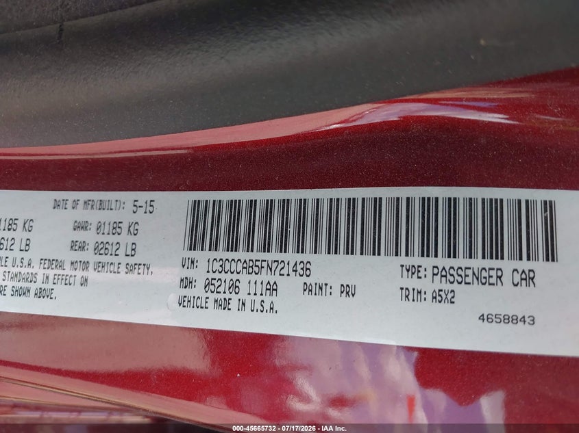 2015 Chrysler 200 Limited VIN: 1C3CCCAB5FN721436 Lot: 45665732