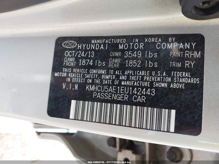 2014 Hyundai Accent Se VIN: KMHCU5AE1EU142443 Lot: 45665758