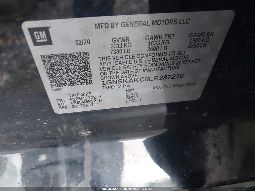 CHEVROLET TAHOE 2020 VIN 1GNSKAKC8LR287210