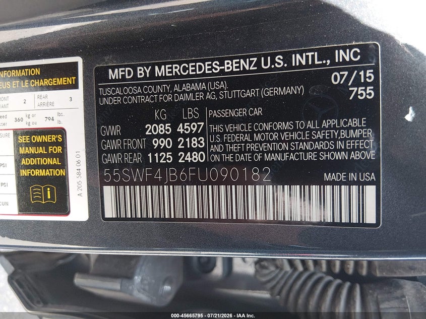 2015 Mercedes-Benz C 300 Sport VIN: 55SWF4JB6FU090182 Lot: 45665795