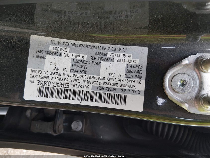 2020 Mazda Mazda3 Select Package VIN: 3MZBPACLXLM135565 Lot: 45665801