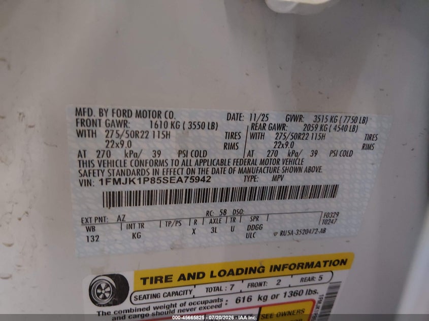 2025 Ford Expedition King Ranch Max VIN: 1FMJK1P85SEA75942 Lot: 45665825