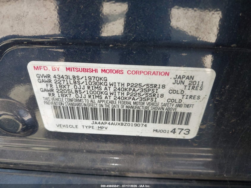 2011 MITSUBISHI OUTLANDER SPORT UTILITY VEHICLE 2.0L I-4 DOHC, VVT, 148HP