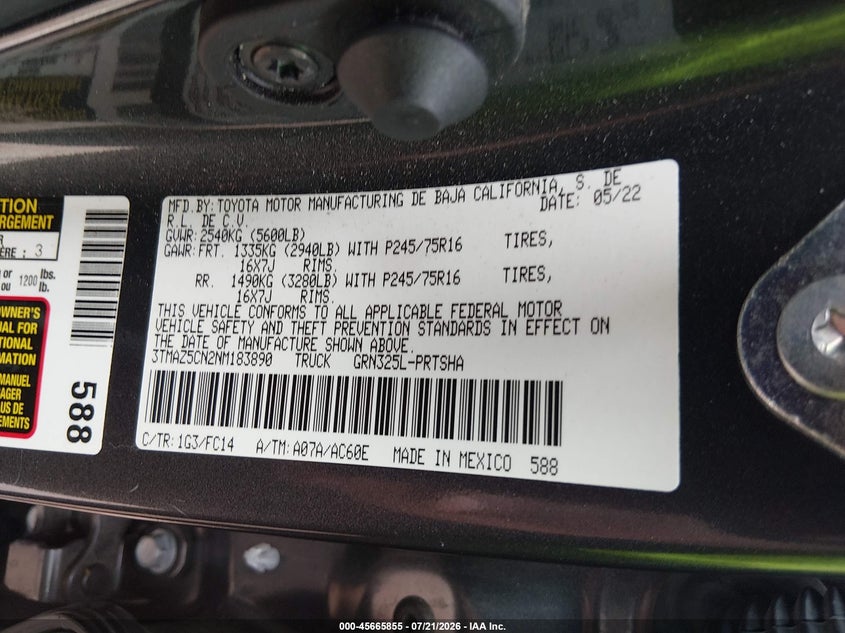 2022 Toyota Tacoma Sr5 V6 VIN: 3TMAZ5CN2NM183890 Lot: 45665855