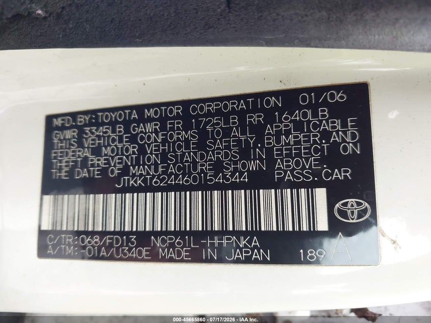 2006 Scion Xa VIN: JTKKT624460154344 Lot: 45665860