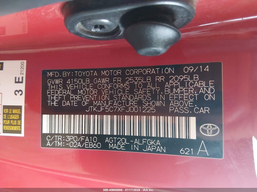 2015 Scion Tc VIN: JTKJF5C7XFJ001225 Lot: 45665866