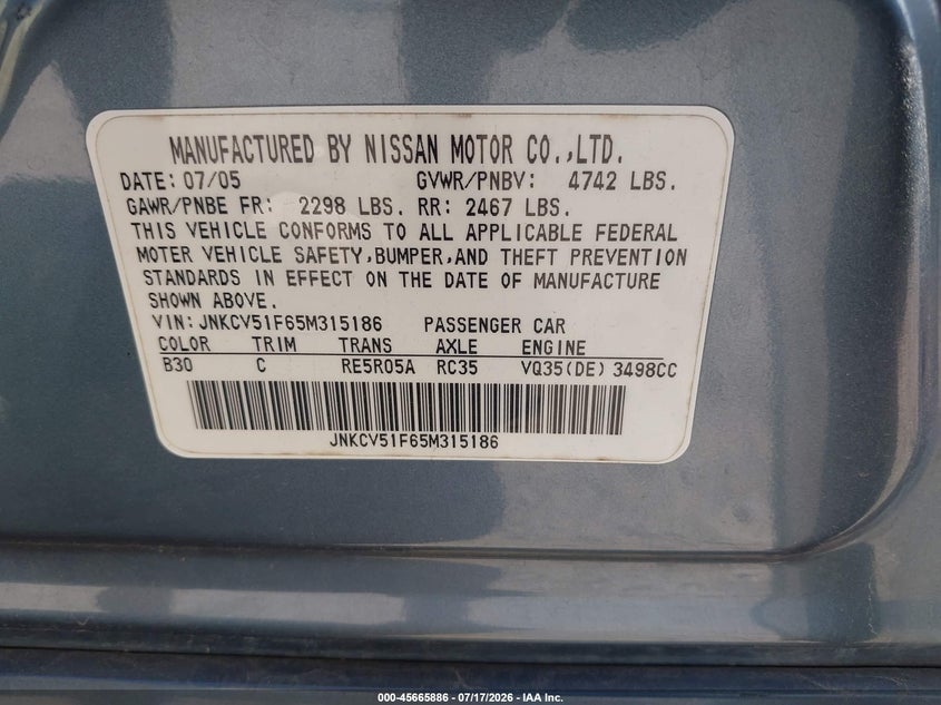 2005 Infiniti G35X VIN: JNKCV51F65M315186 Lot: 45665886