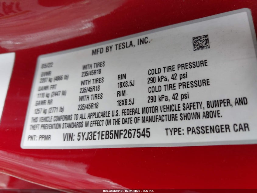 2022 Tesla Model 3 Long Range Dual Motor All-Wheel Drive VIN: 5YJ3E1EB5NF267545 Lot: 45665910